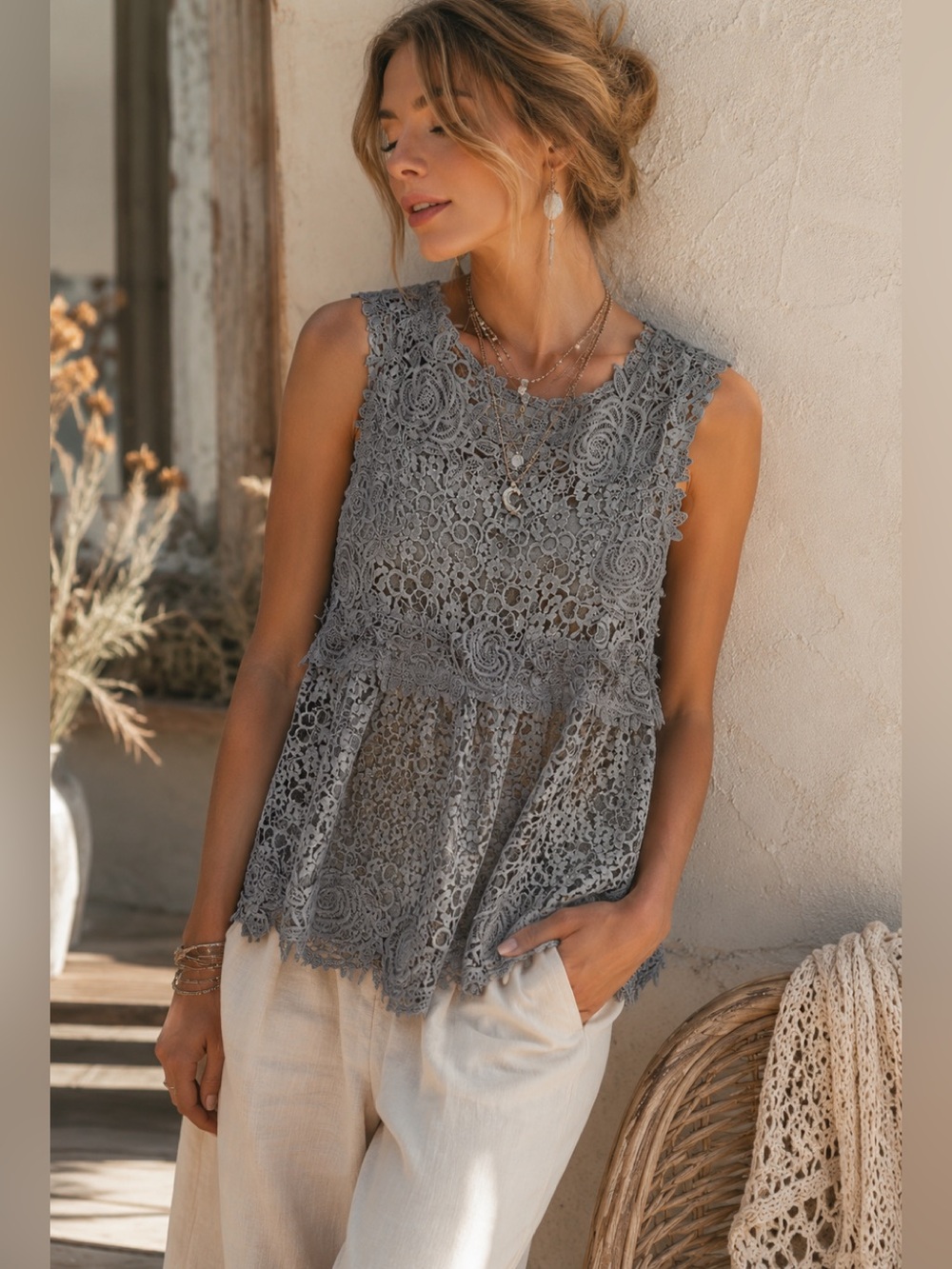 POL Grey Lace Babydoll Tank Top Women’s Small Embroidered Boho Blouse